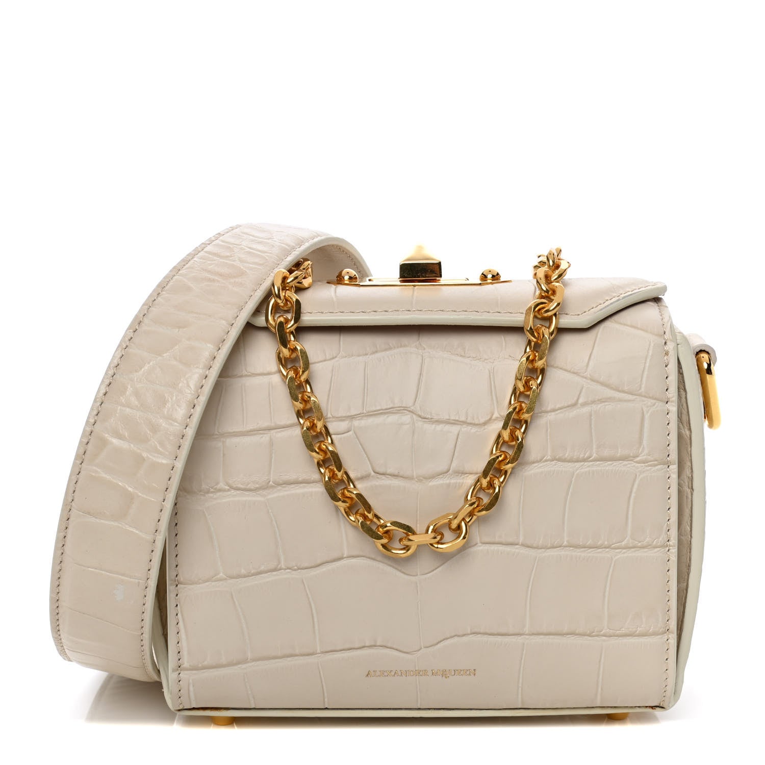 Alexander McQueen Calfskin Crocodile Embossed Box Shoulder Bag 16 Cream 1 of 19