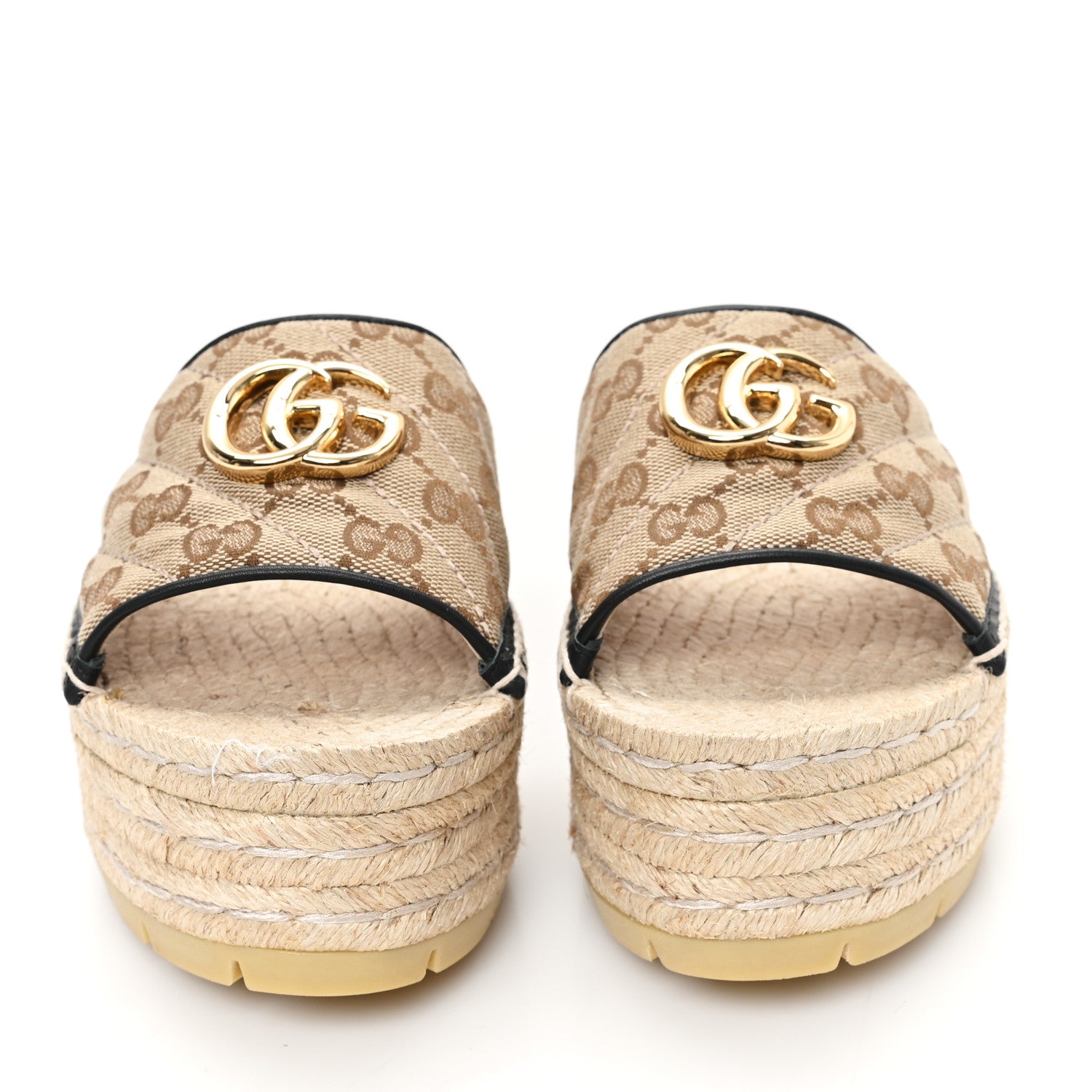 Gucci Monogram Matelasse Diagonal GG Marmont Platform Espadrille Slide Sandals 36 Beige Ebony Black 3 of 10