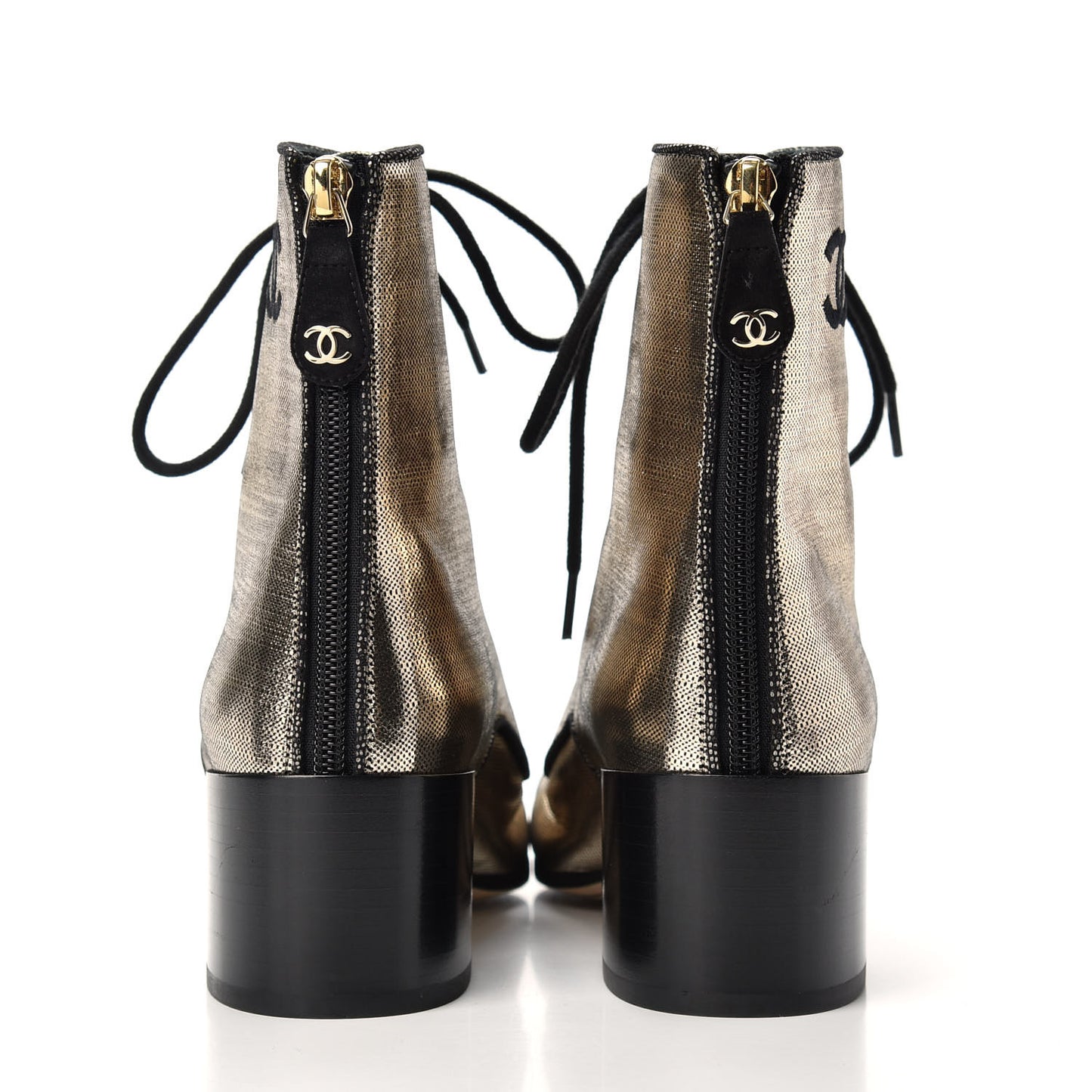 Laminated Calfskin CC Lace Up Short Boots 35.5 Gold Silver