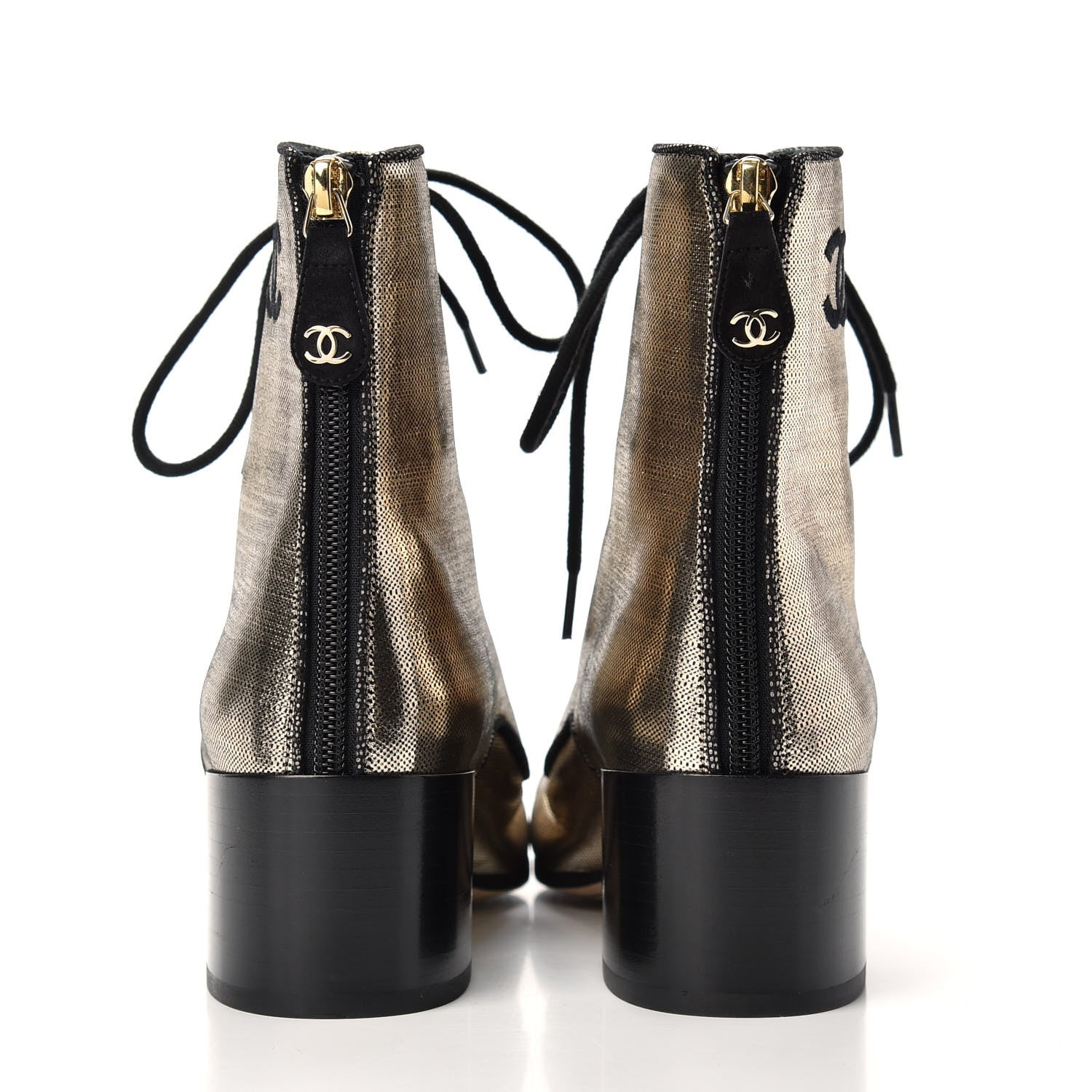 Chanel Laminated Calfskin CC Lace Up Short Boots 35.5 Gold Silver 7 of 10