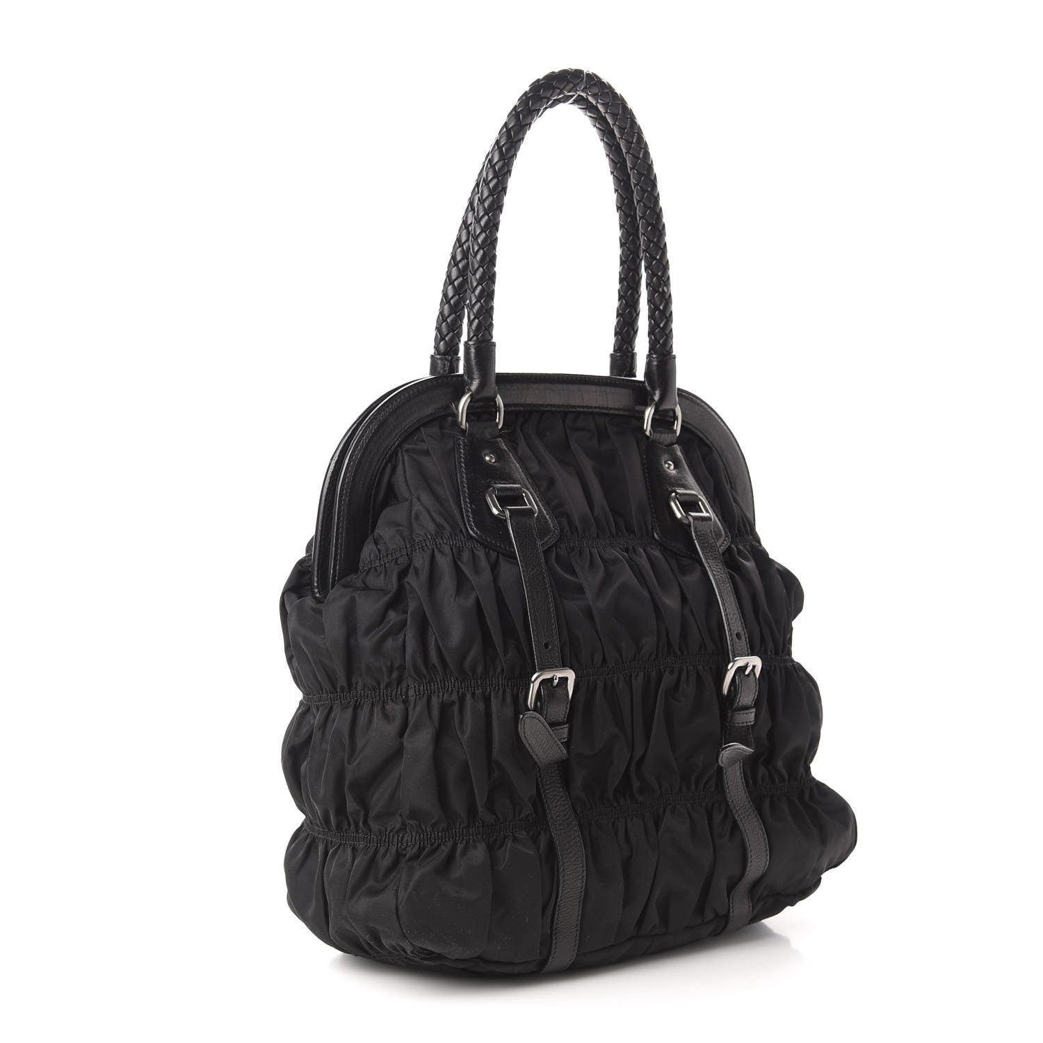 Prada Tessuto Nylon Nappa Braided Gaufre Frame Tote Black 3 of 12