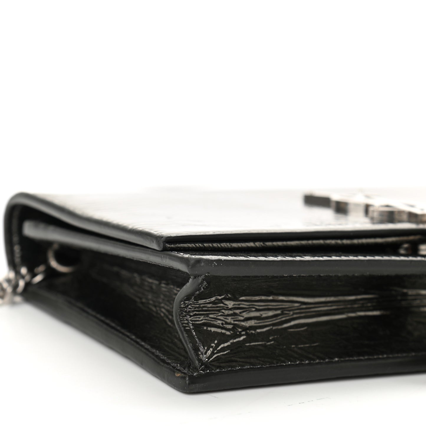 Metallic Crackled Calfskin Kate Monogram Tassel Chain Wallet Argento