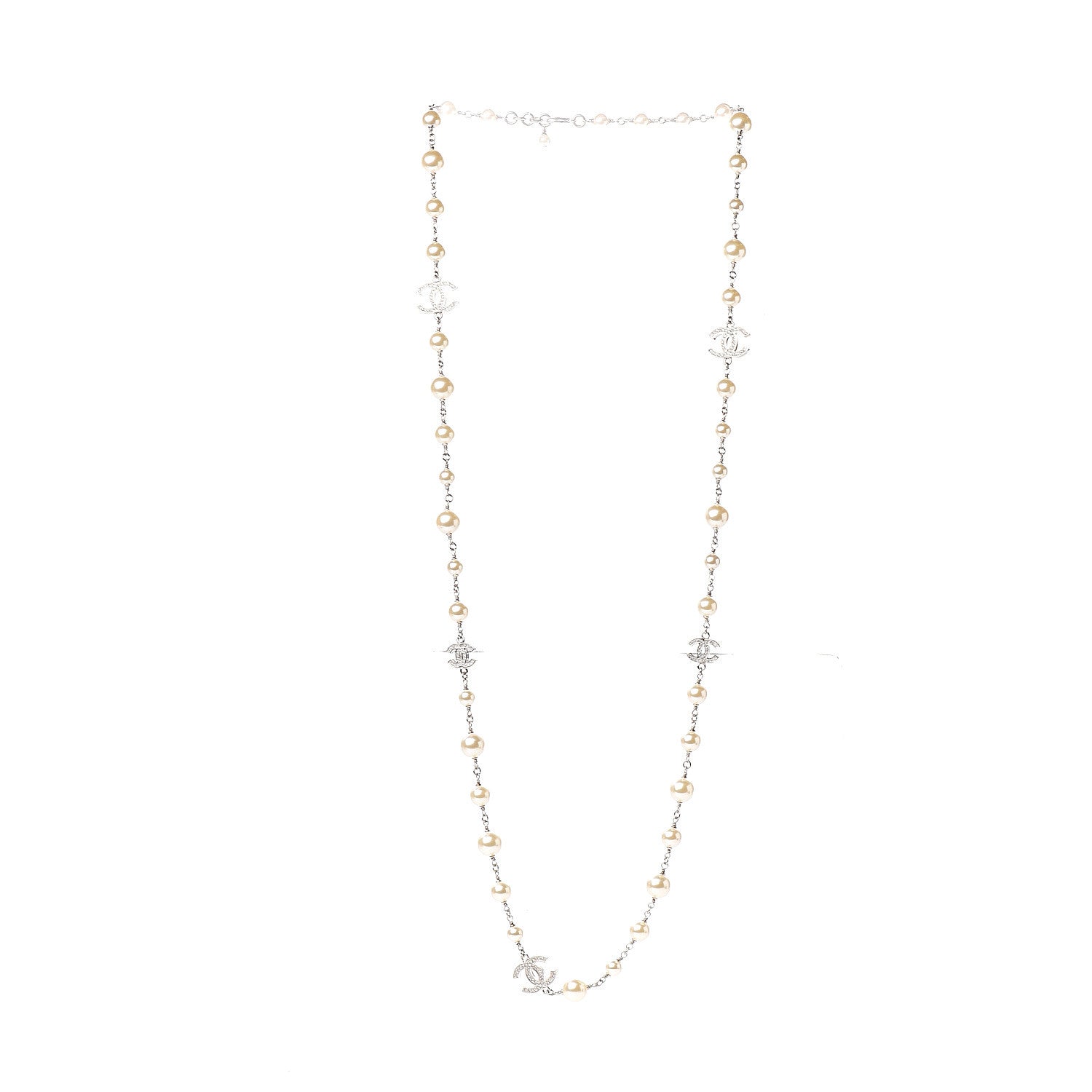 Chanel Crystal Pearl CC Long Necklace Silver 2 of 4