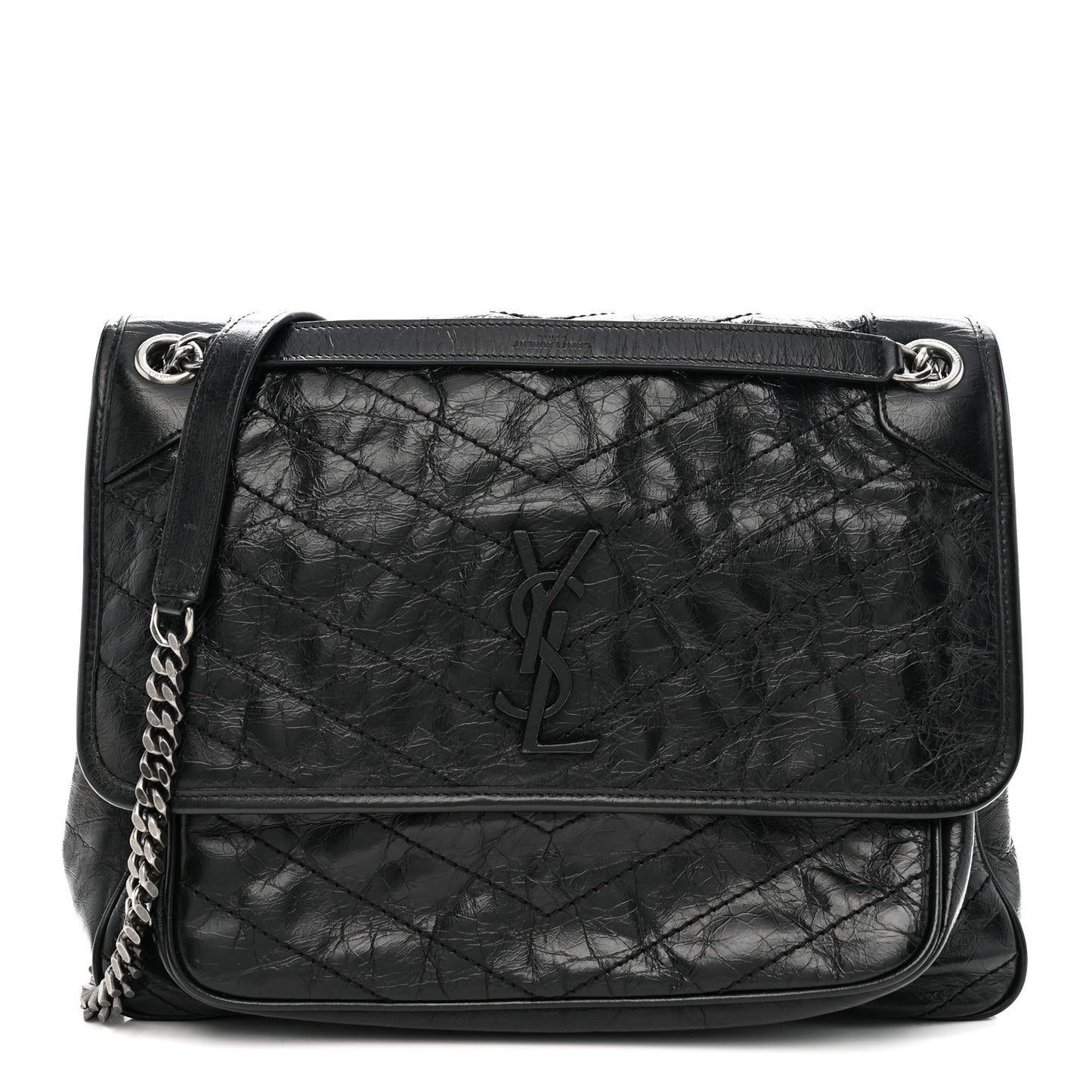 Crinkled Calfskin Matelasse Monogram Large Niki Chain Satchel Black Black