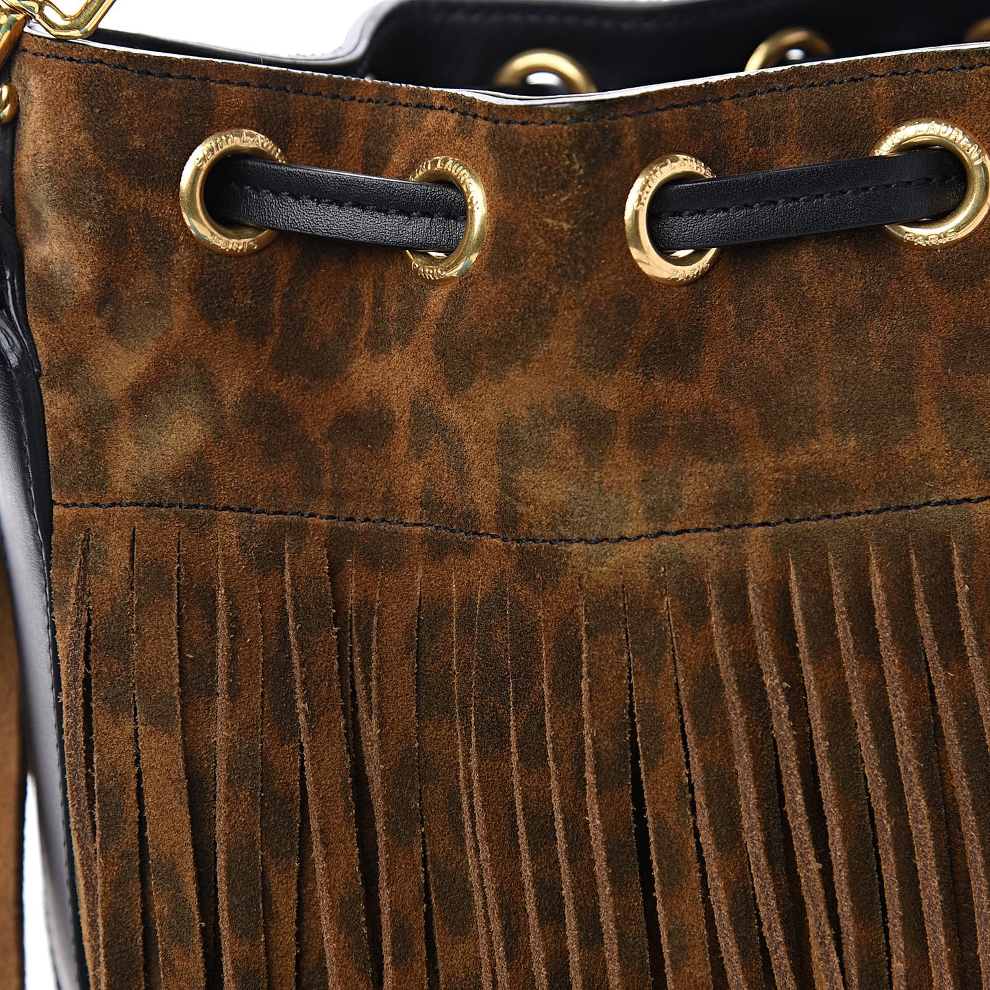 Suede Leopard Small Emmanuelle Fringe Bucket Bag Tan Black