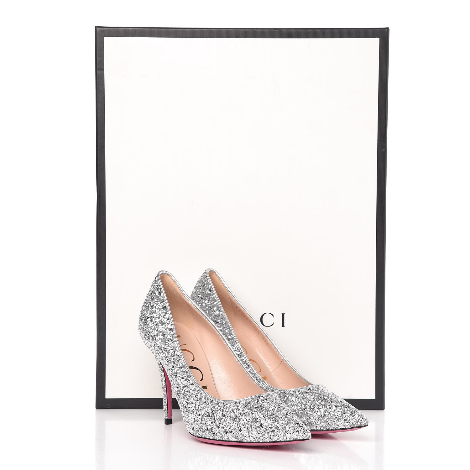 Gucci Nappa Silk Glitter Removable Crystal Heart Pumps 38.5 Argento 12 of 12