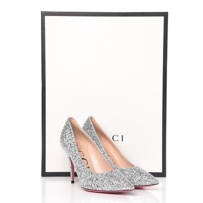 Gucci Nappa Silk Glitter Removable Crystal Heart Pumps 38.5 Argento 12 of 12