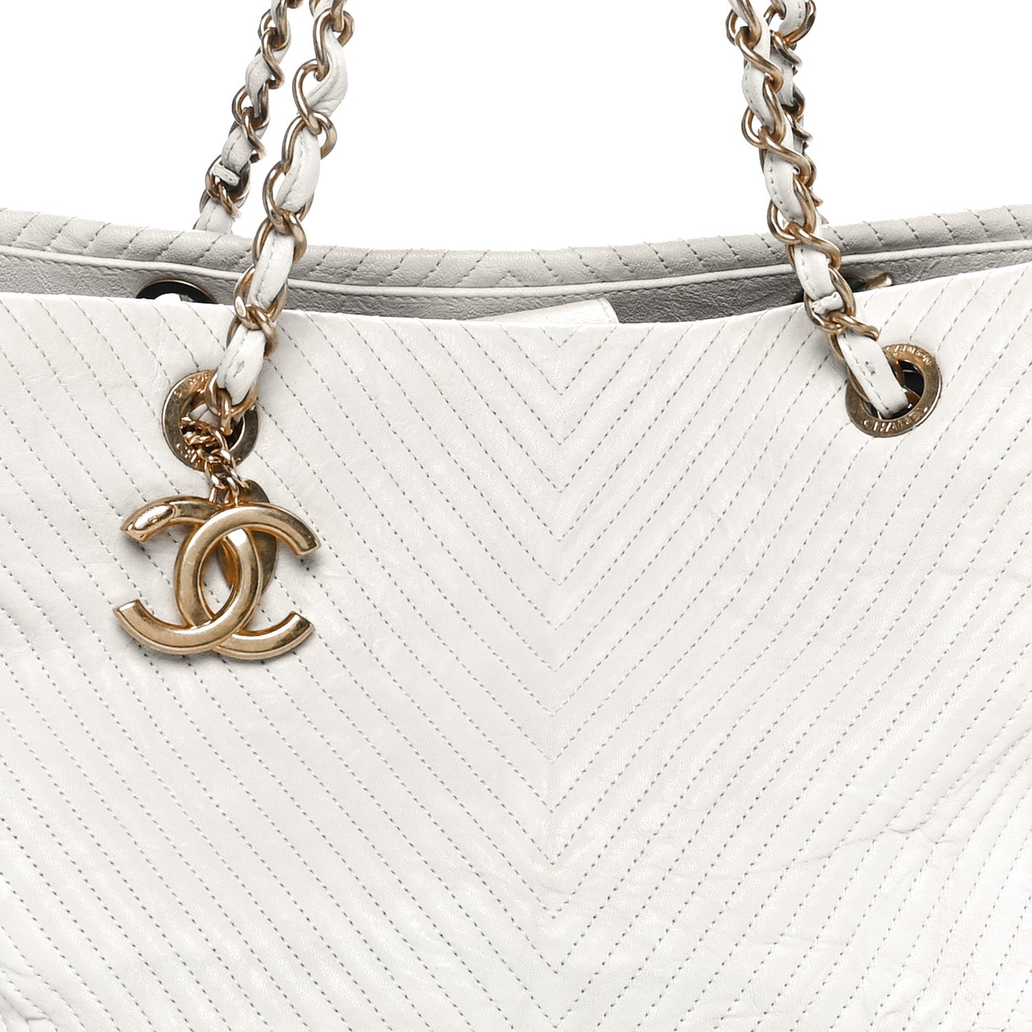 Wrinkled Lambskin Chevron Quilted Surpique Tote White