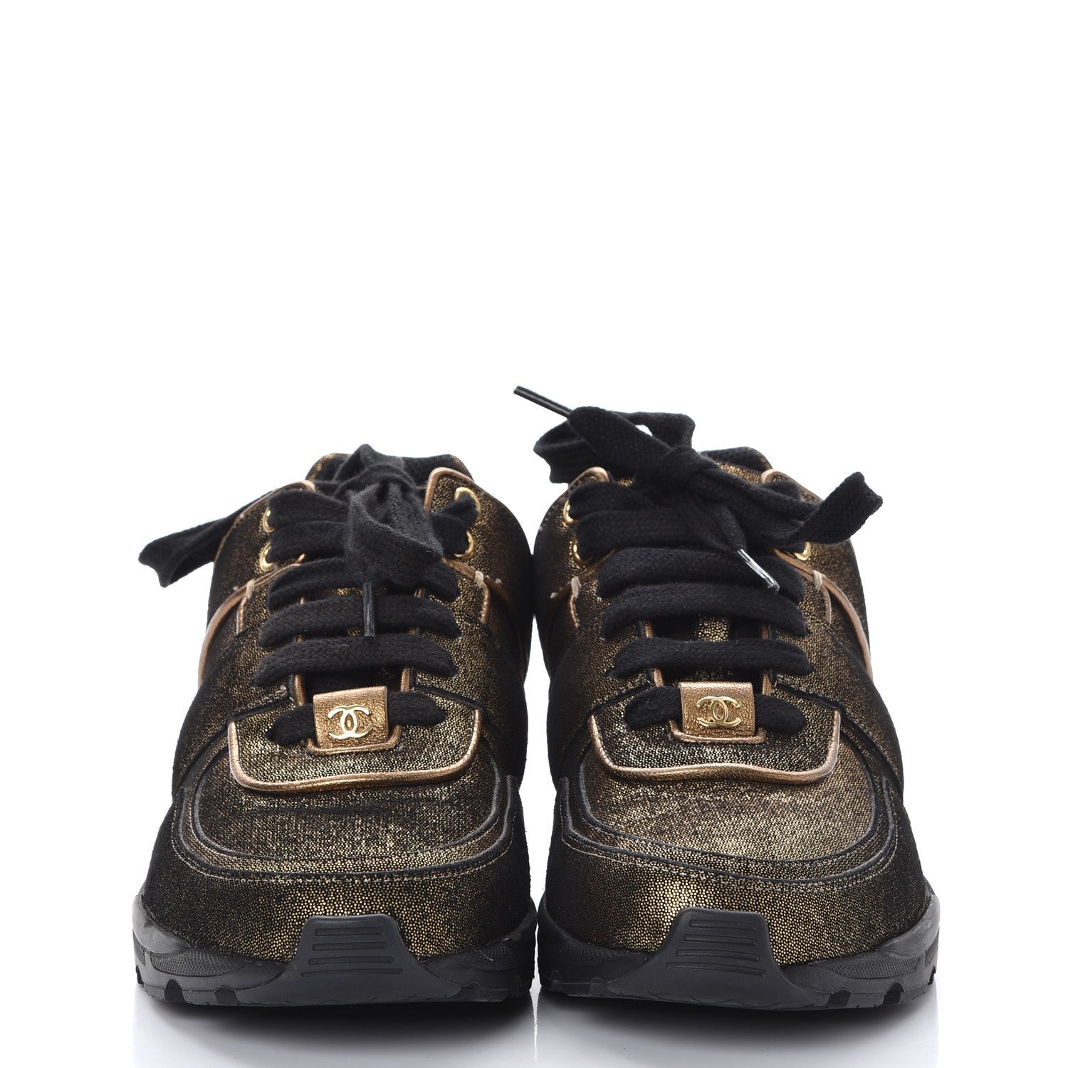 Chanel Metallic Fabric Calfskin Womens CC Sneakers 36 Golden Brown 2 of 9