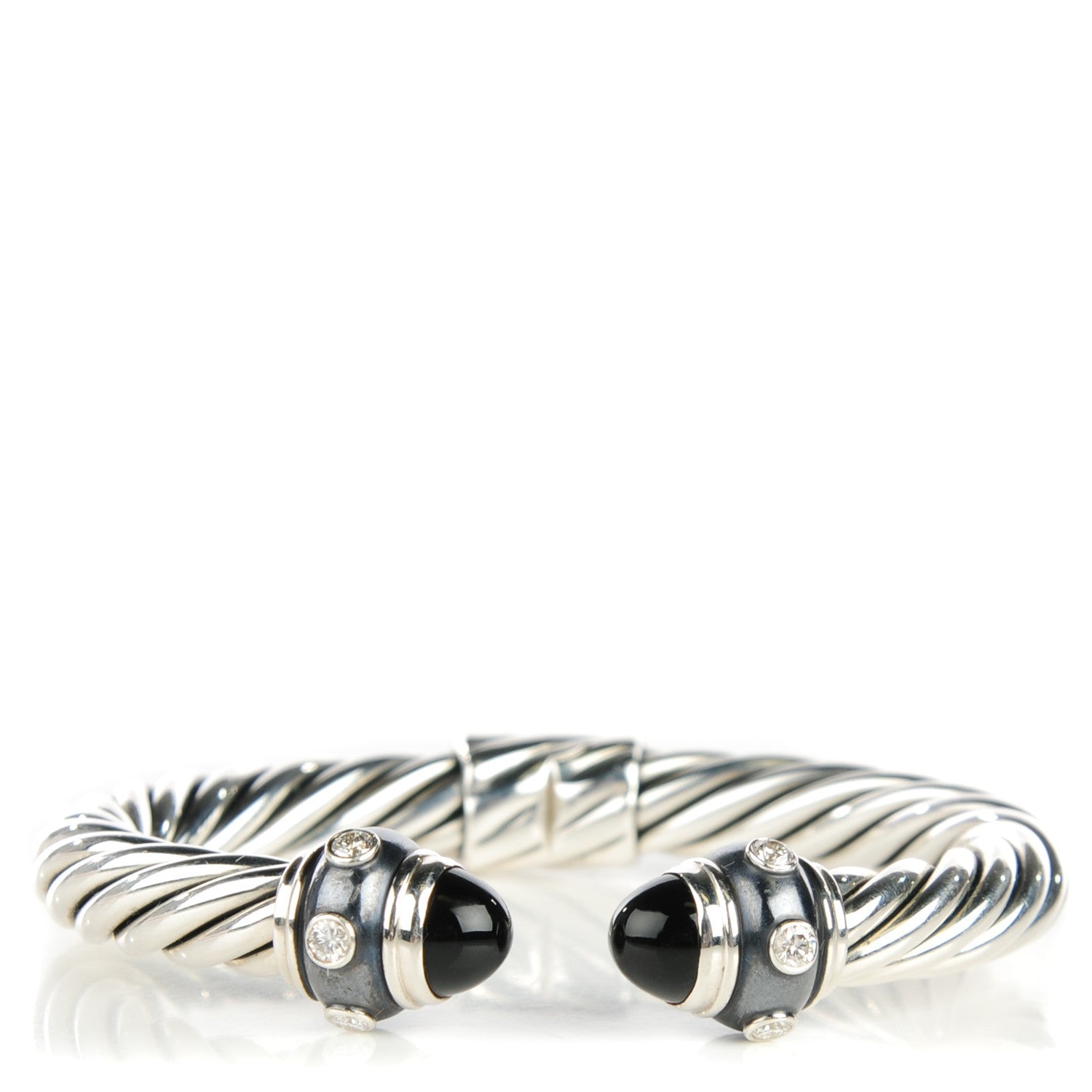 David Yurman Sterling Silver Pave Diamond Onyx 8.5mm Cable Renaissance Bracelet 1 of 5