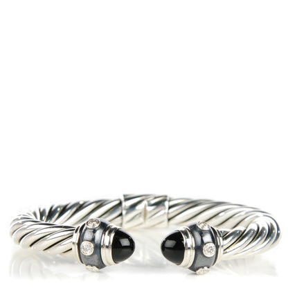 David Yurman Sterling Silver Pave Diamond Onyx 8.5mm Cable Renaissance Bracelet 1 of 5