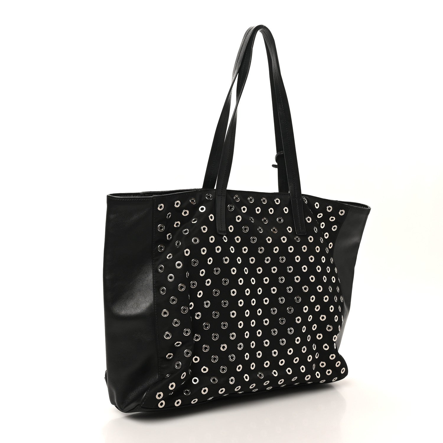 Prada Tessuto Nylon Calfskin Grommet Tote Black 3 of 9