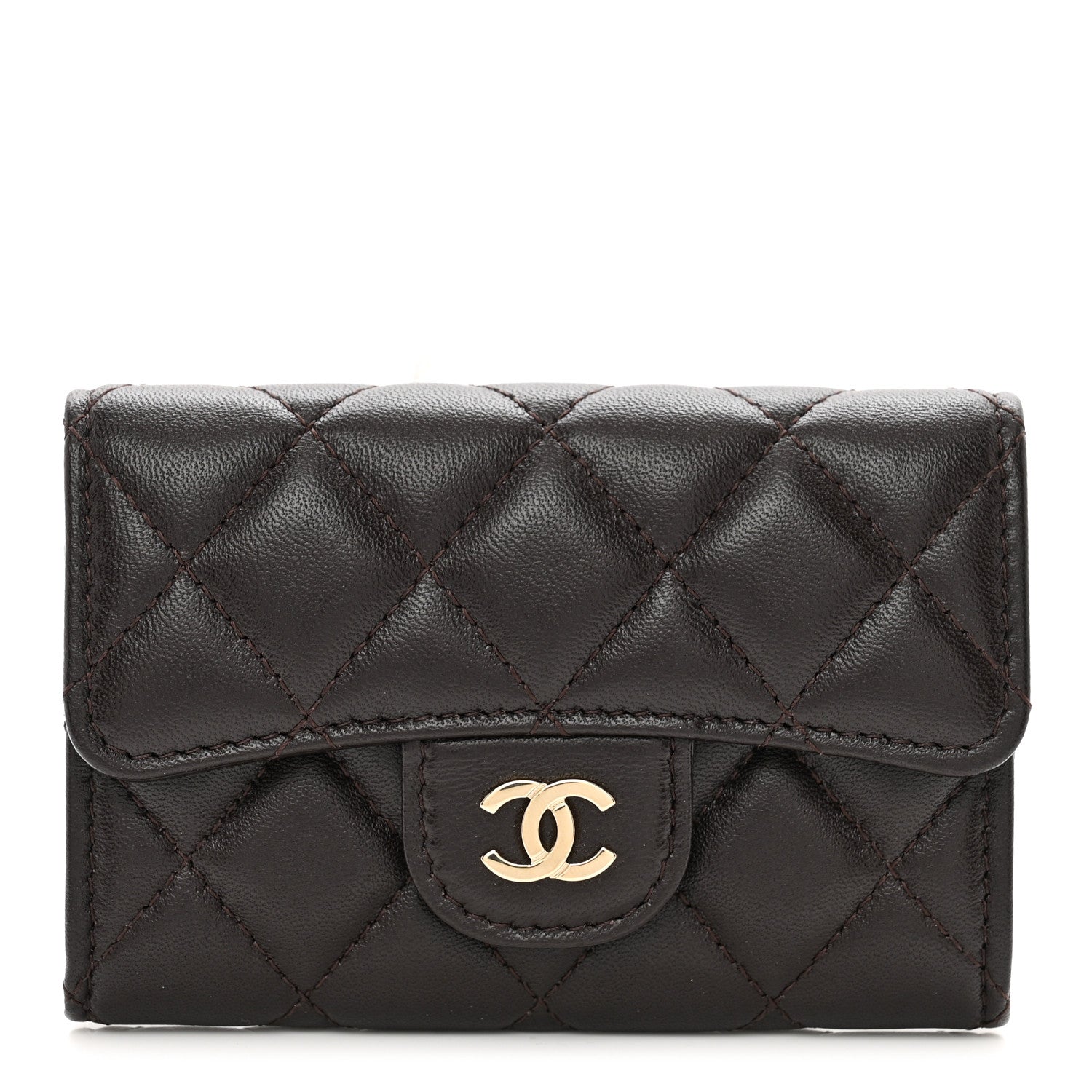 Chanel Lambskin Quilted Flap Card Holder Wallet Dark Brown 1 of 9