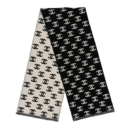 Chanel Wool Cashmere CC Scarf Black White 2 of 4