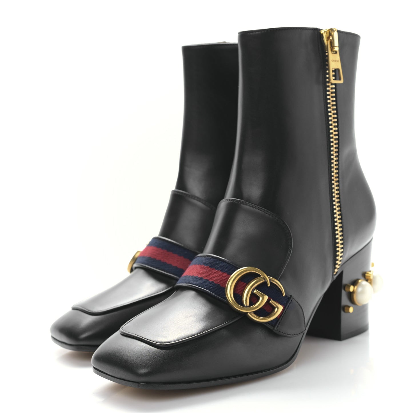 Betis Glamour Calfskin Web Pearl Embellished Peyton 75mm Ankle Boots 39 Black