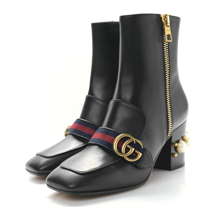 Gucci Betis Glamour Calfskin Web Pearl Embellished Peyton 75mm Ankle Boots 39 Black 3 of 8
