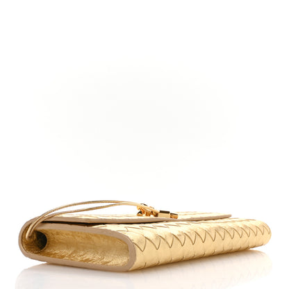 Bottega Veneta Metallic Satin Lambskin Intrecciato Long Andiamo Top Handle Clutch Gold 4 of 10
