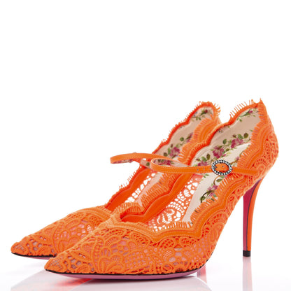 Gucci Lace Pizzo Venice Pumps 39.5 Orange Fluo Mystic White 4 of 9