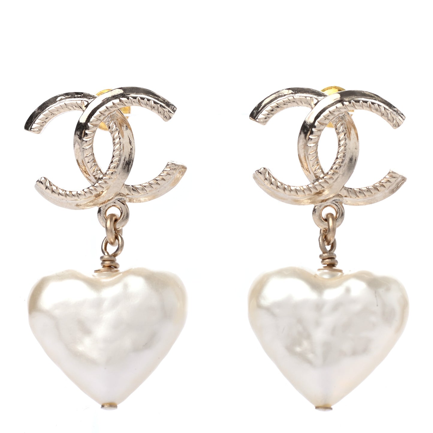 Pearl CC Heart Drop Earrings Gold