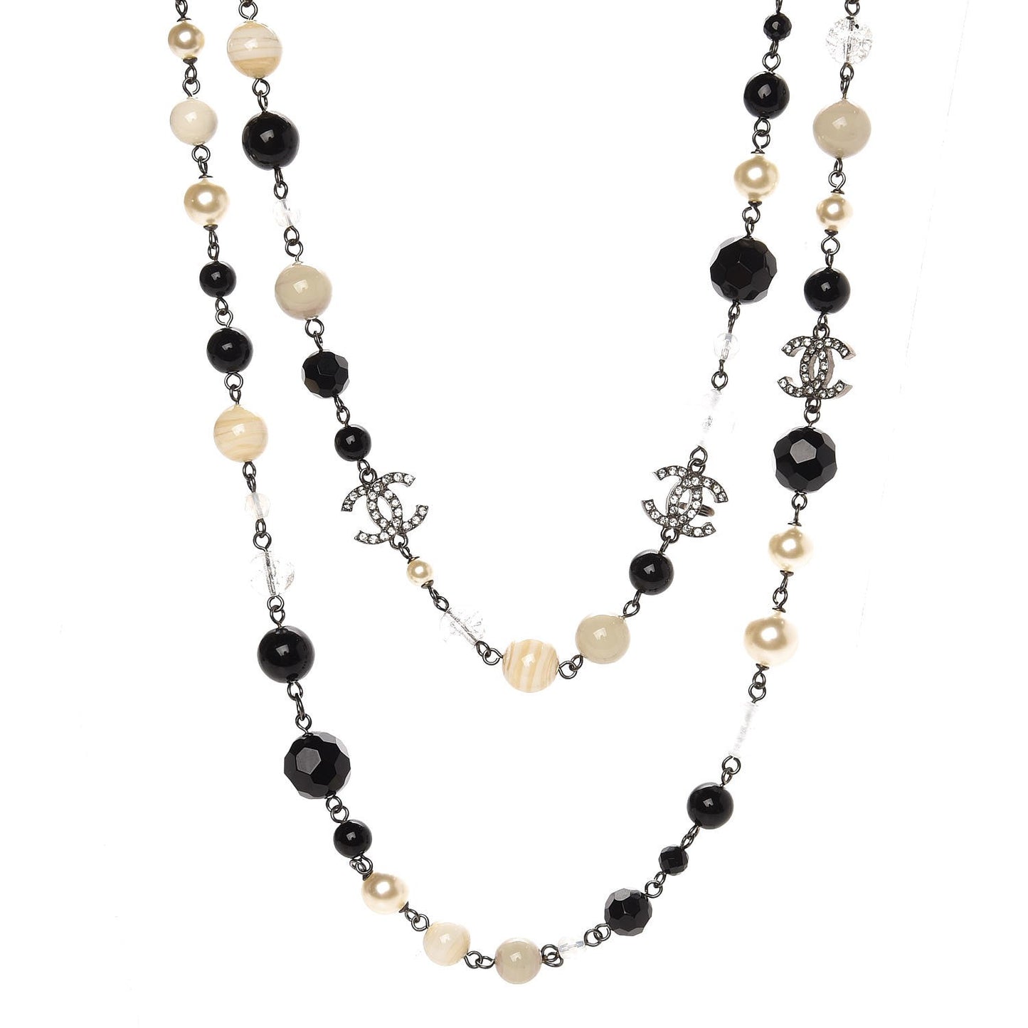 Pearl Crystal Bead CC Long Necklace Black