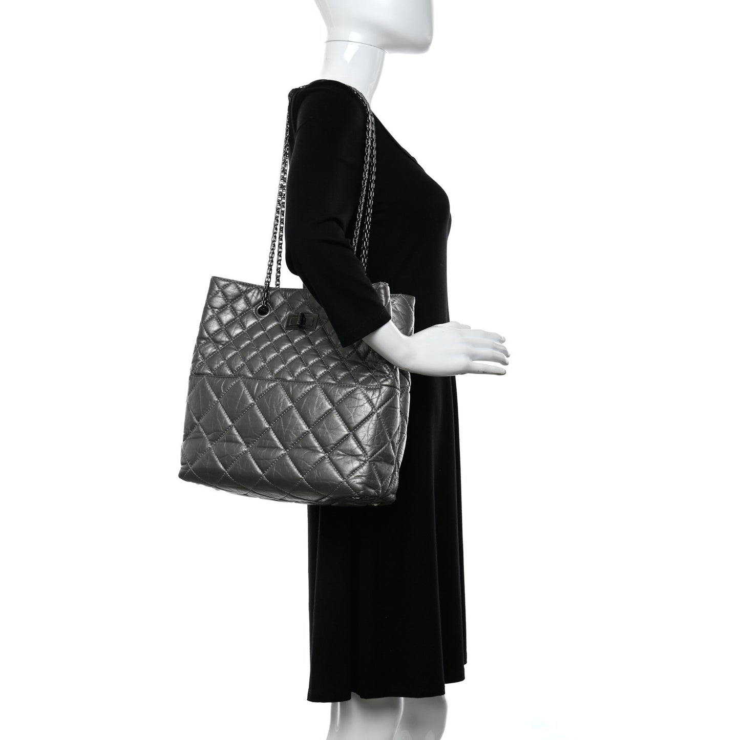 Metallic Aged Calfskin Quilted Reissue 2.55 Tote Dark Grey