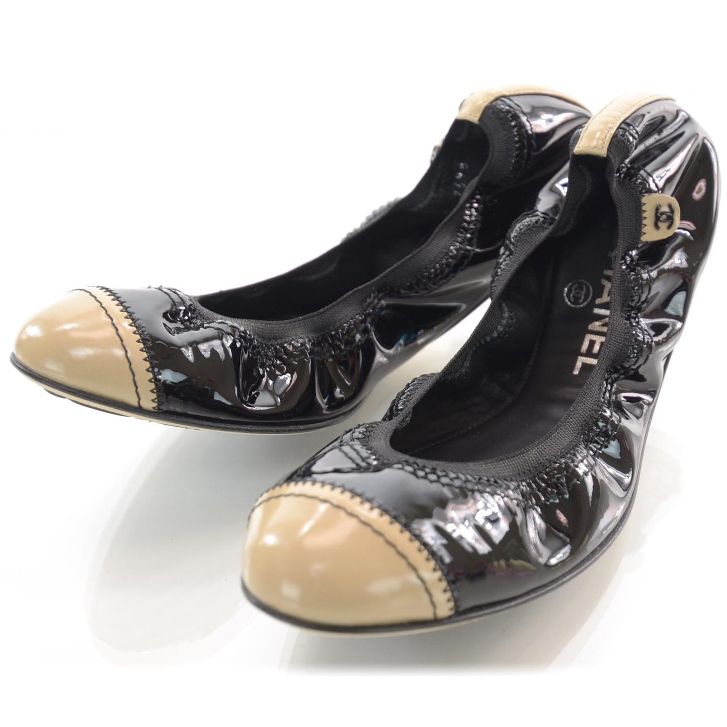 Patent Leather Cap Toe CC Ballet Flats 39 Beige Black
