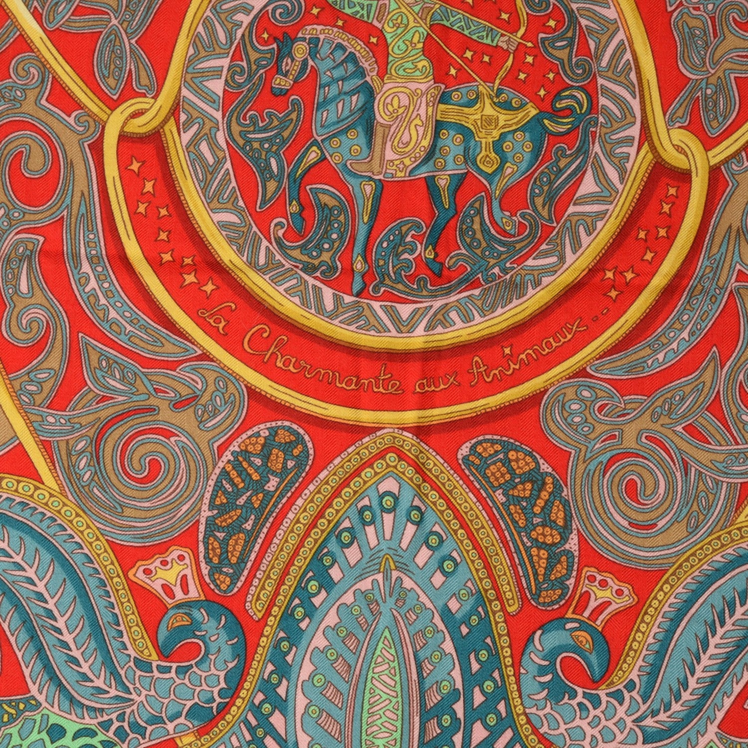 Hermes Cashmere Silk La Charmante Aux Animaux Scarf 140 Rouge Ardoise Vieil Or 3 of 6