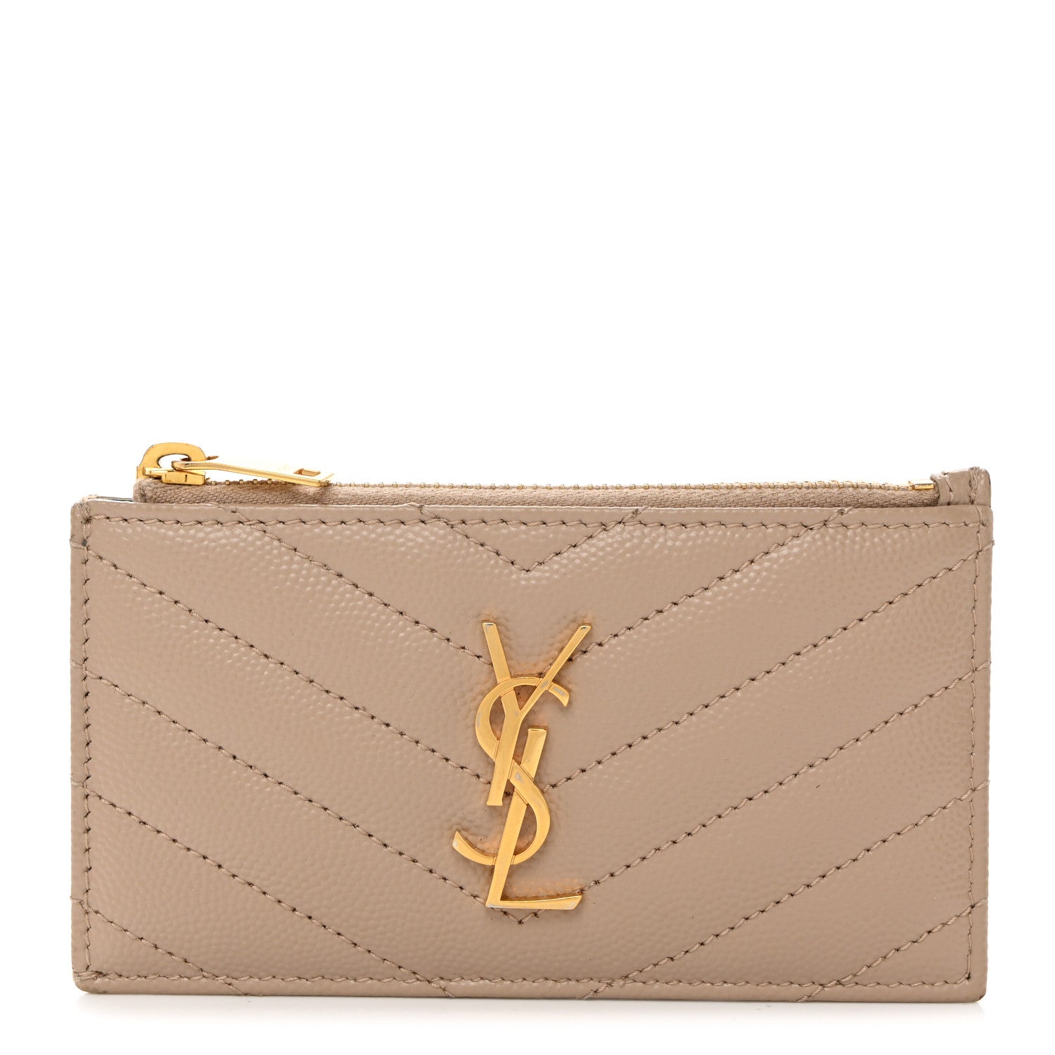 Saint Laurent Monogram Grain de Poudre 5 Fragments Zip Pouch Card Holder Dark Beige 1 of 7