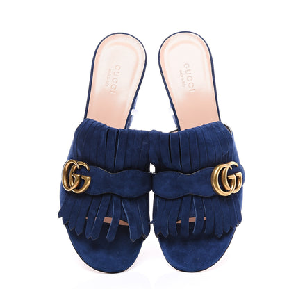 Gucci Kid Scamosciato GG Marmont Fringe 75mm Slide Sandals 39.5 Blue Ink 5 of 10