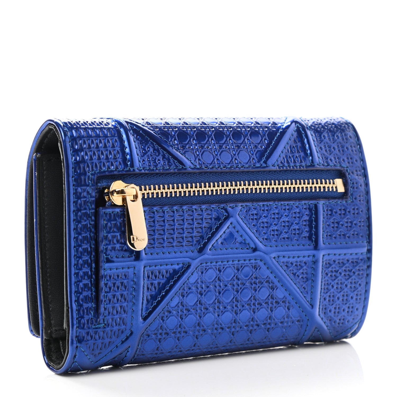 Christian Dior Metallic Patent Micro-Cannage Diorama Elancee Wallet Mirror Blue 3 of 6