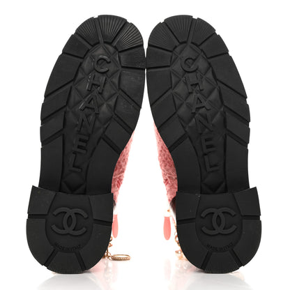 Chanel Wool Tweed Calfskin Chain Lace Up Combat Boots 37 Pink Black 5 of 8