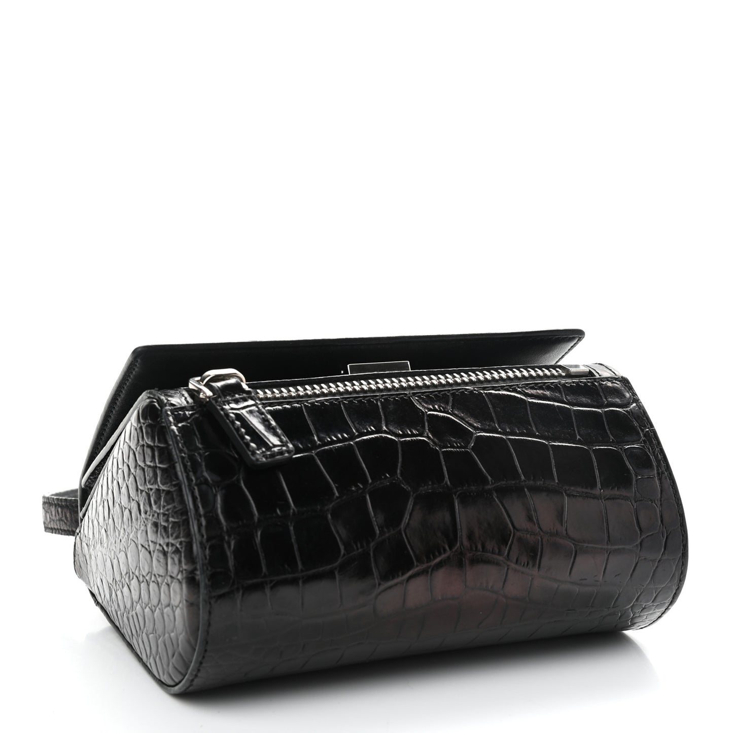 Calfskin Crocodile Embossed Mini Pandora Box Crossbody Bag Black
