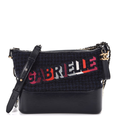 Chanel Tweed Calfskin Quilted Medium Gabrielle Hobo Black Blue 1 of 7