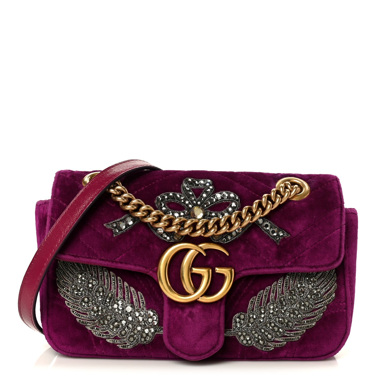 Gucci Velvet Matelasse Embroidered Mini GG Marmont Shoulder Bag Bordeaux 1 of 11
