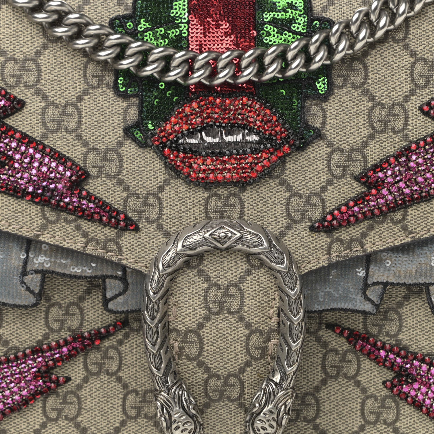 Gucci GG Supreme Monogram Lightning Embroidered Medium Dionysus Shoulder Bag Beige 8 of 12