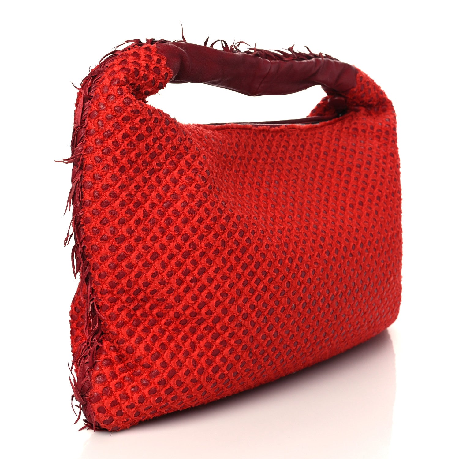 Bottega Veneta Nappa Fabric Intrecciato Large Distressed Fringe Veneta Hobo Red 2 of 5