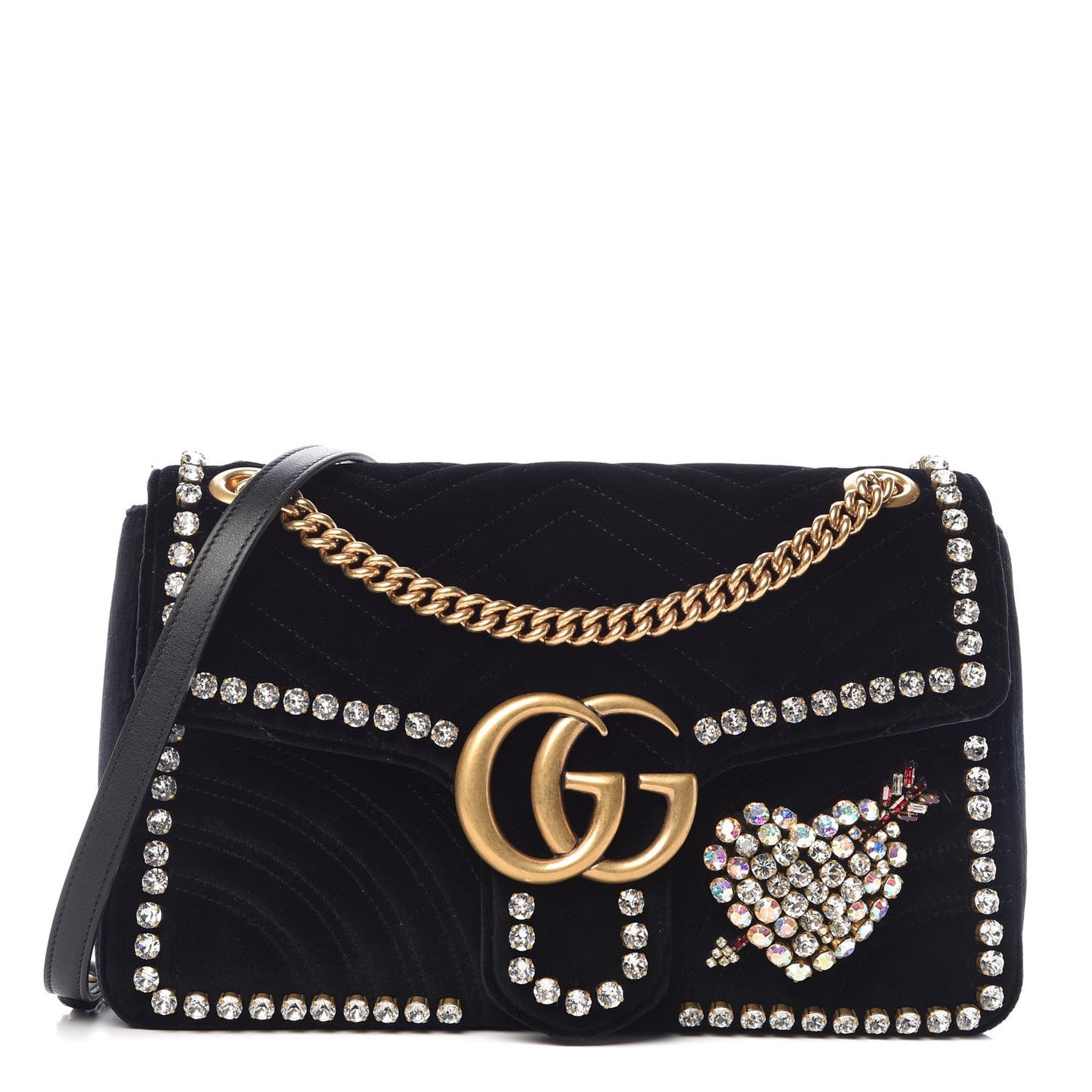 Velvet Matelasse Crystal Medium GG Marmont Shoulder Bag Black