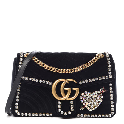 Gucci Velvet Matelasse Crystal Medium GG Marmont Shoulder Bag Black 1 of 9