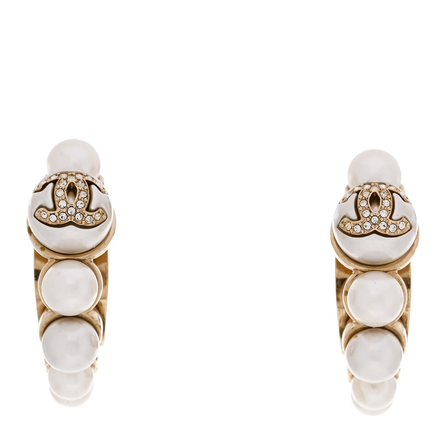 Chanel Crystal Pearl CC Hoop Earrings Gold White 1 of 4