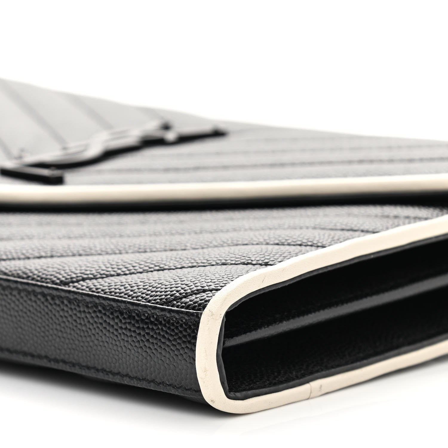 Saint Laurent Grain De Poudre Matelasse Chevron Monogram Chain Wallet Black White 10 of 13