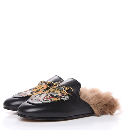 Gucci Calfskin Fur Tiger Embroidered Womens Princetown Slippers 34.5 Black 3 of 9