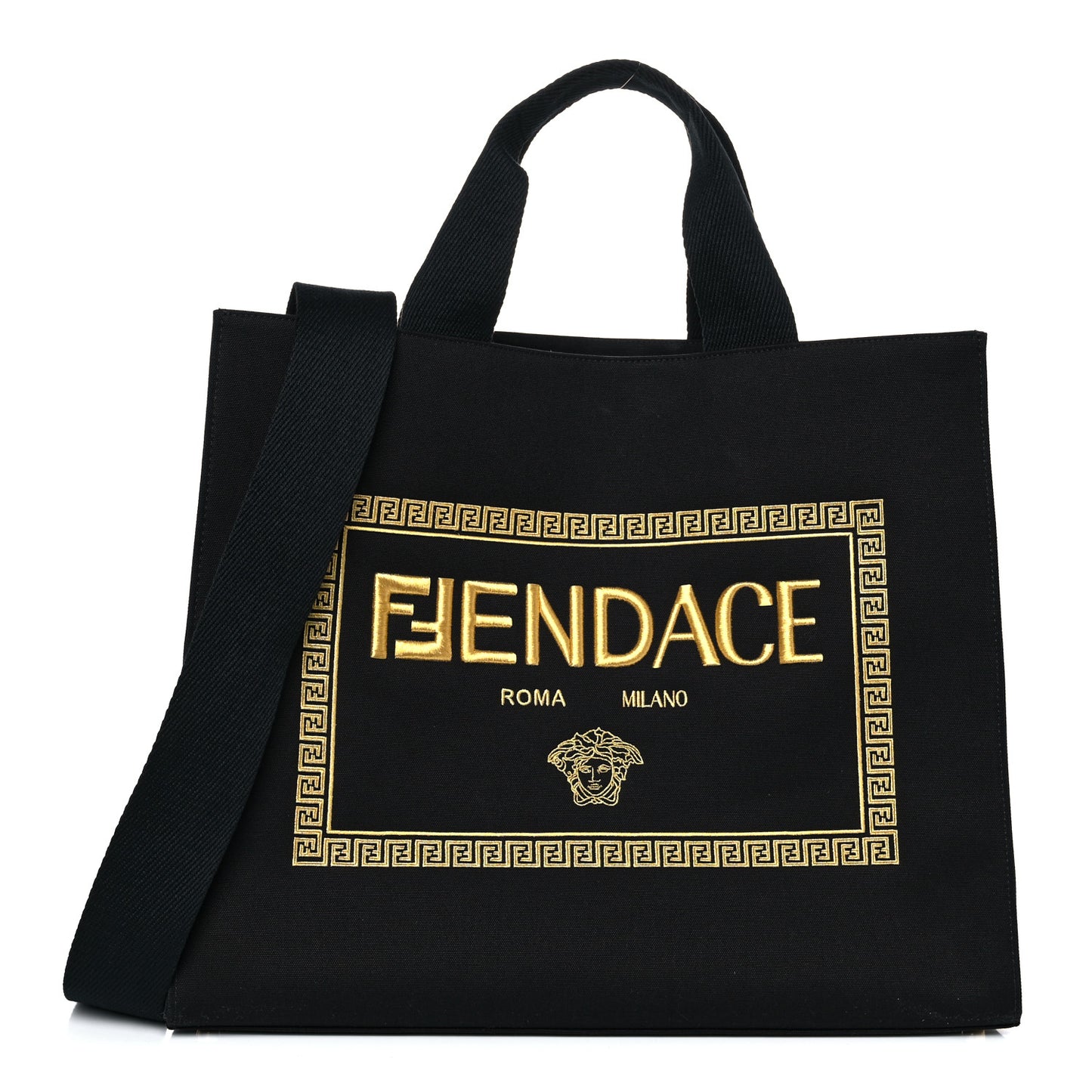 X VERSACE Canvas Fendace Logo Large Shopping Tote Black