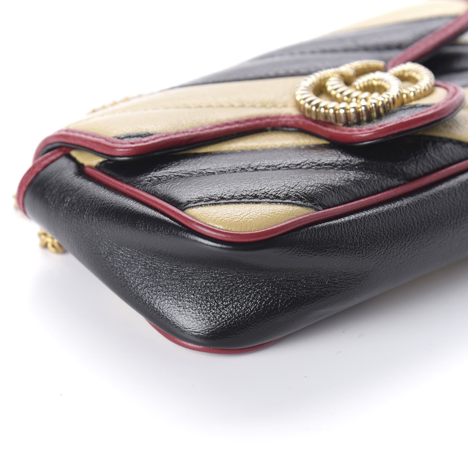 Gucci Vintage Effect Calfskin Matelasse Diagonal Striped Super Mini Torchon GG Marmont Shoulder Bag Black Beige 6 of 10