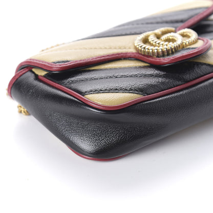 Gucci Vintage Effect Calfskin Matelasse Diagonal Striped Super Mini Torchon GG Marmont Shoulder Bag Black Beige 6 of 10