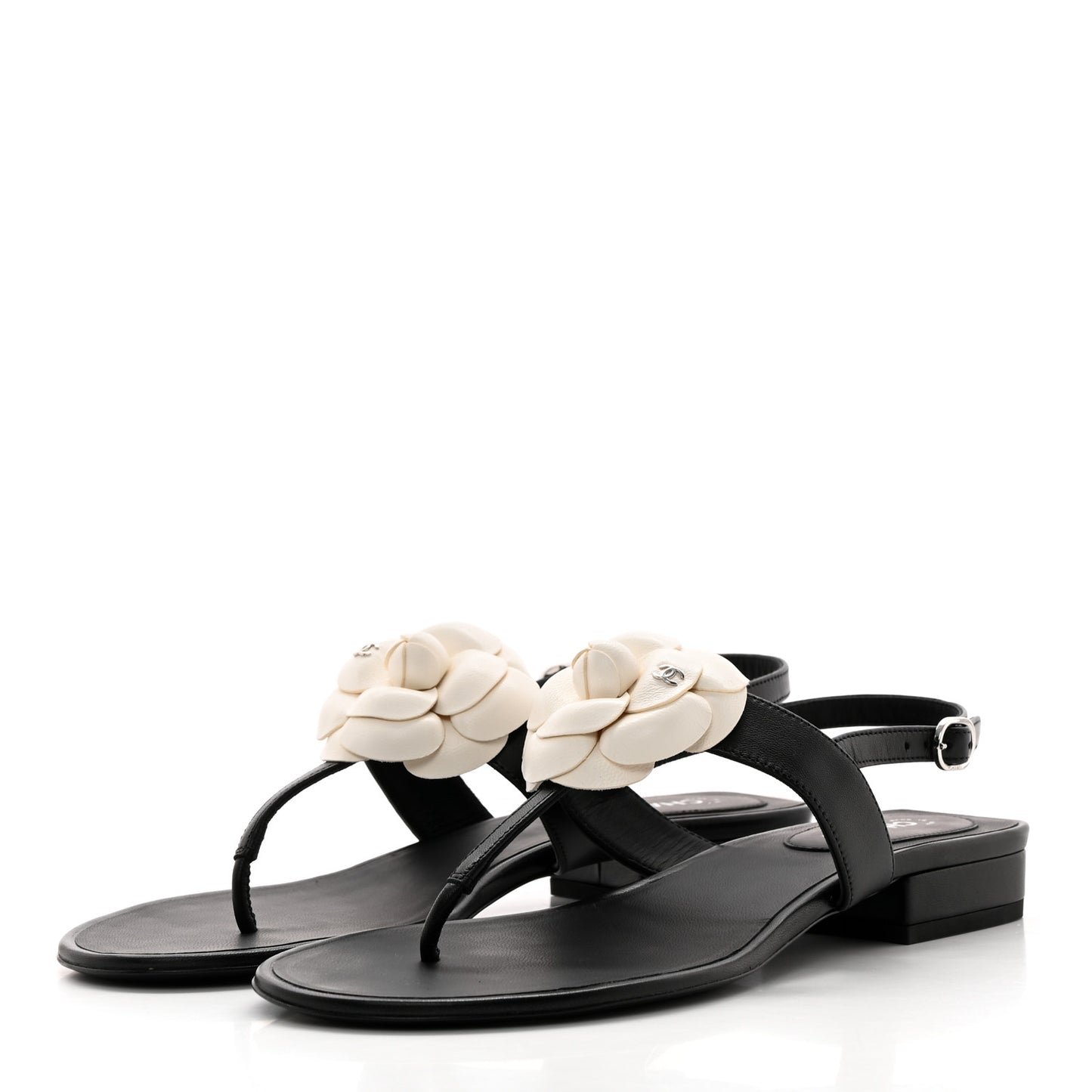 Lambskin Camellia Thong Sandals 39 Black White