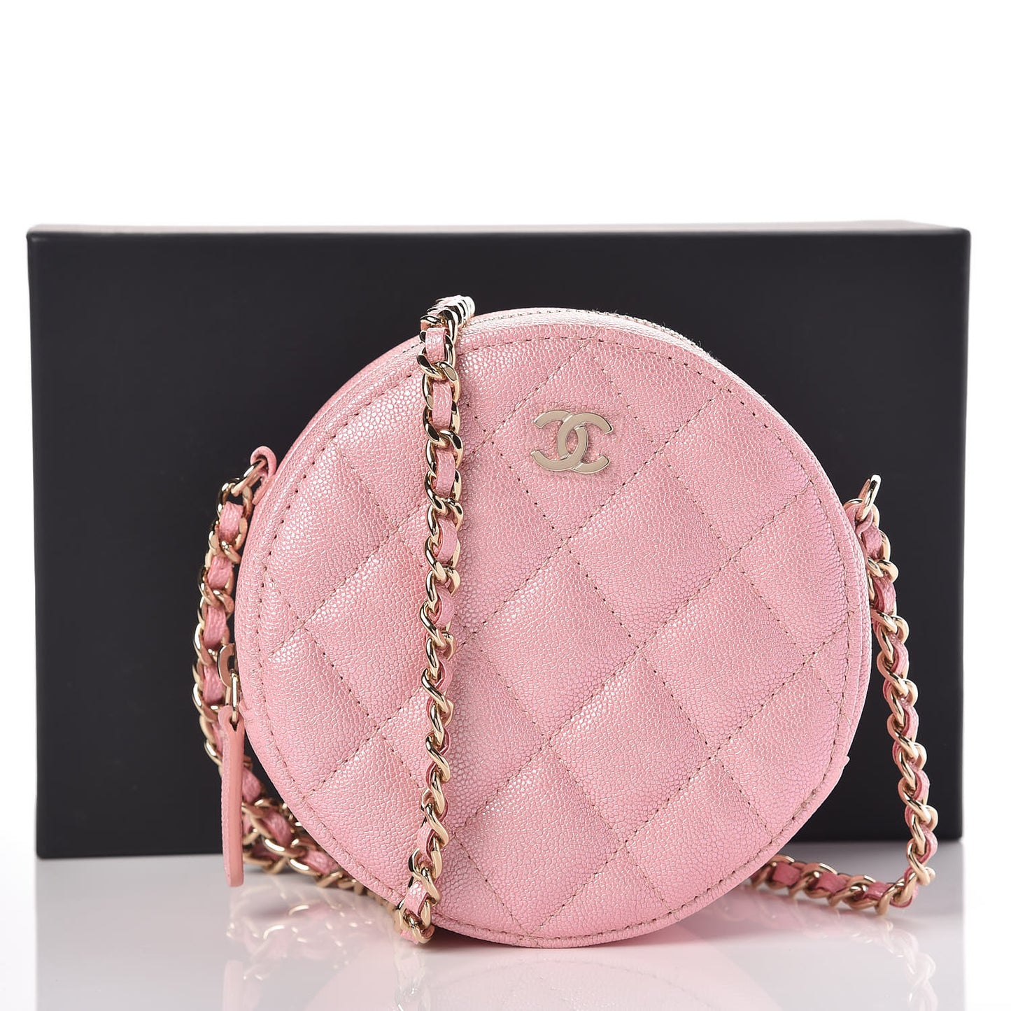 Iridescent Caviar Quilted Round Clutch With Chain Pink