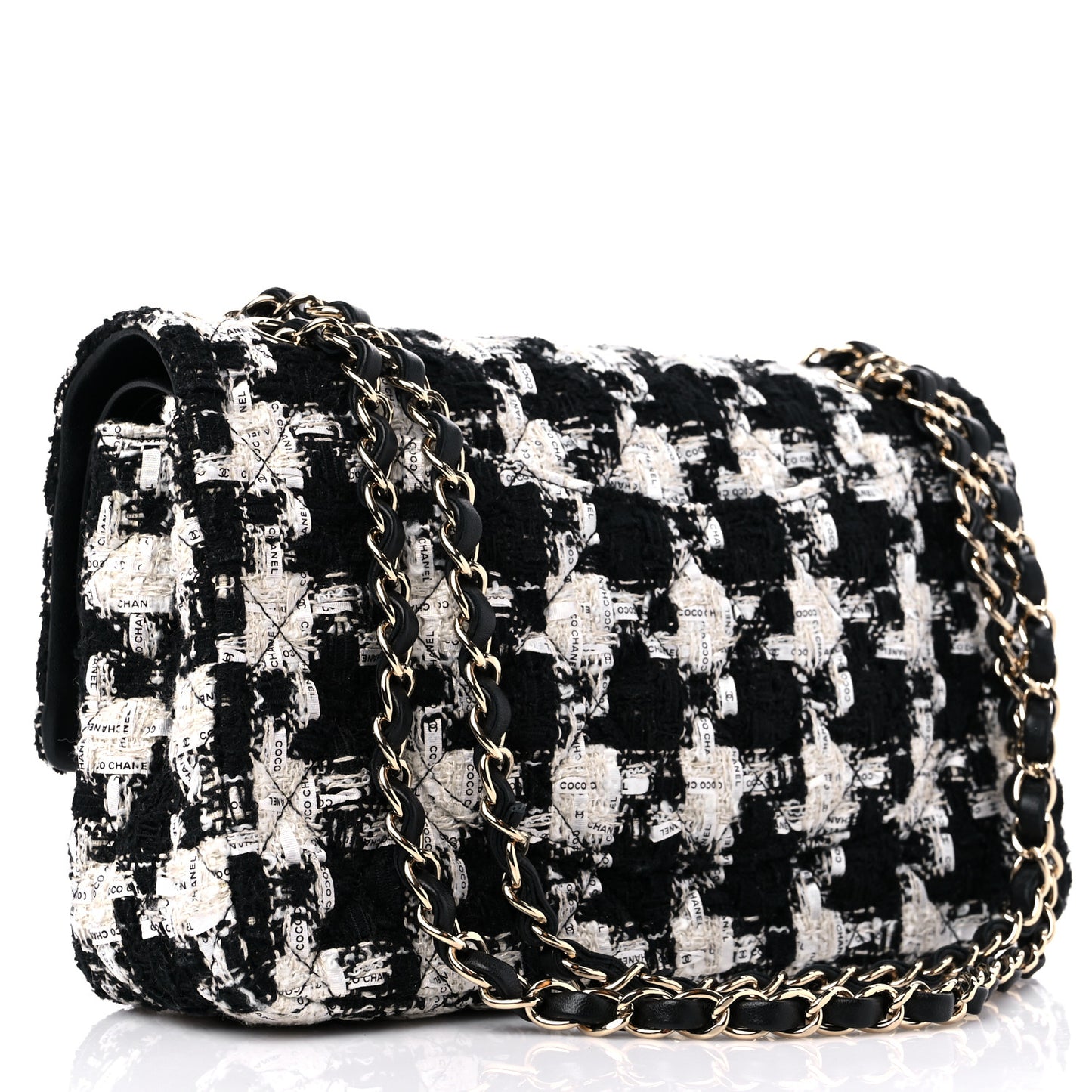 Tweed Quilted Medium Double Flap Black Ecru White
