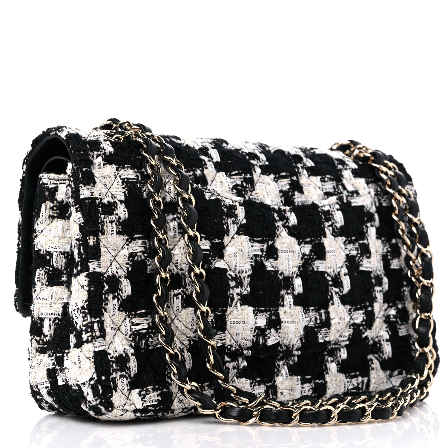 Chanel Tweed Quilted Medium Double Flap Black Ecru White 3 of 9