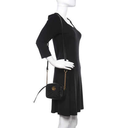 Gucci Calfskin Matelasse Mini GG Marmont Chain Shoulder Bag Black 2 of 11
