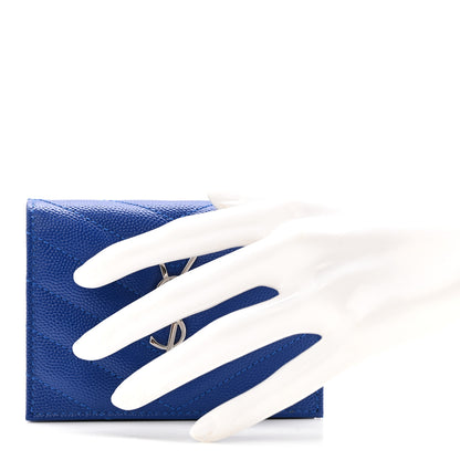 Saint Laurent Grain De Poudre Matelasse Chevron Monogram Flap Card Case Blue Gitano 2 of 11